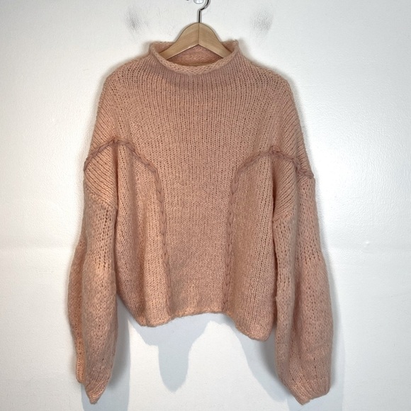 Oneon Women's Mohair Virgin Wool Handknitted Sweater Size L Pink Balloon Sleeve - Picture 2 of 13